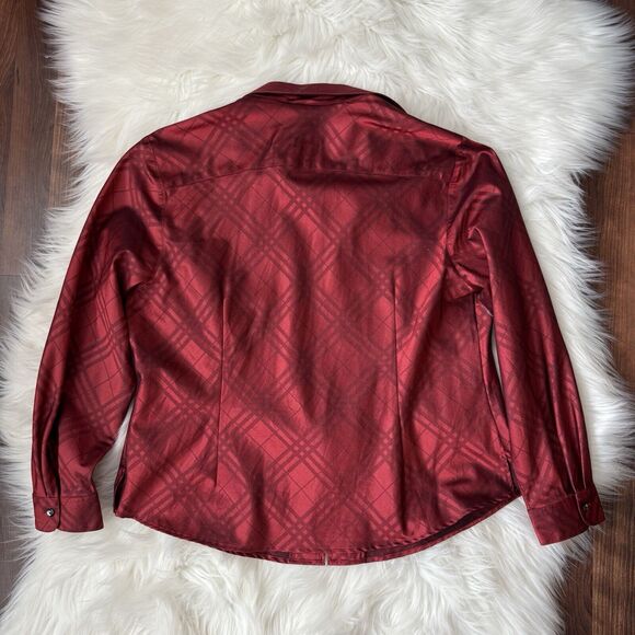 Coldwater Creek Red Zip Front Blouse PXL Plaid Collar Holiday Christmas Shiny - Picture 7 of 11